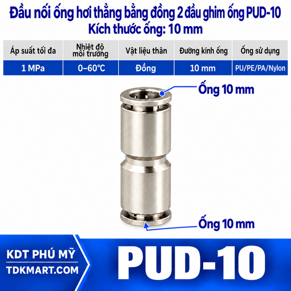 Đầu nối ống hơi thẳng bằng đồng 2 đầu ghim ống 10 mm