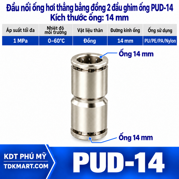 Đầu nối ống hơi thẳng bằng đồng 2 đầu ghim ống 14 mm