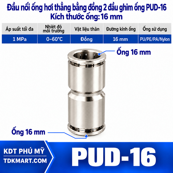 Đầu nối ống hơi thẳng bằng đồng 2 đầu ghim ống 16 mm