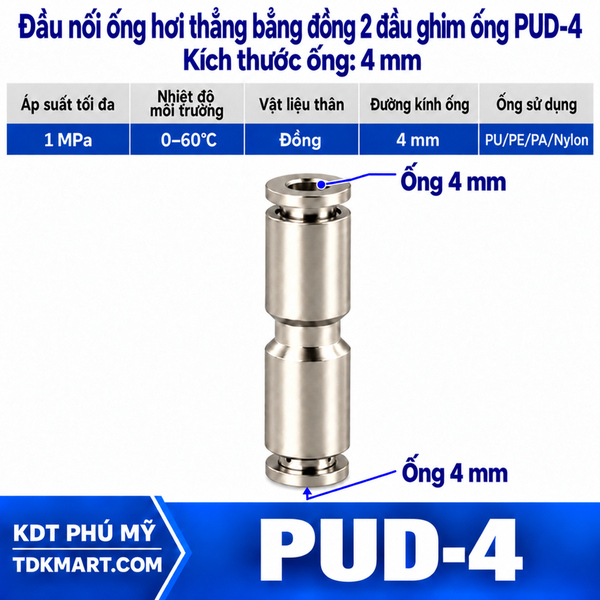 Đầu nối ống hơi thẳng bằng đồng 2 đầu ghim ống 4 mm
