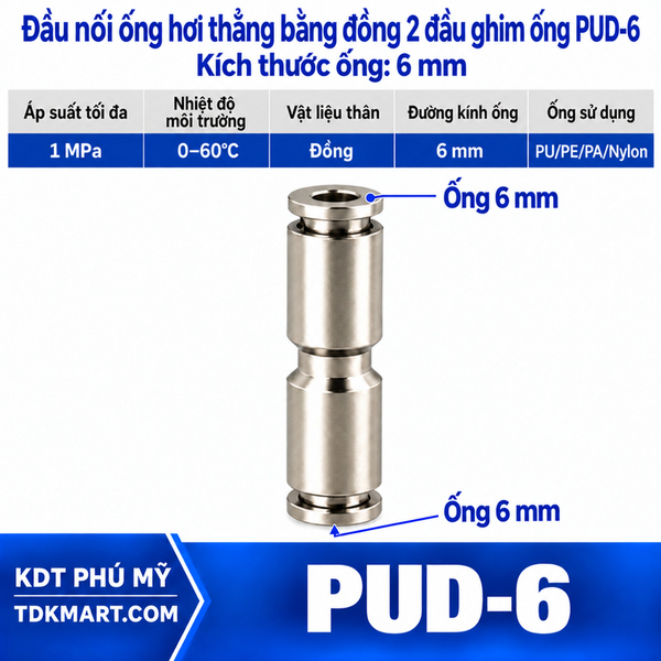 Đầu nối ống hơi thẳng bằng đồng 2 đầu ghim ống 6 mm
