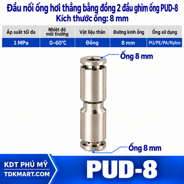 Đầu nối ống hơi thẳng bằng đồng 2 đầu ghim ống 8 mm