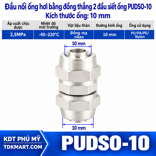 Đầu nối ống hơi thẳng bằng đồng 2 đầu siết ống 10 mm