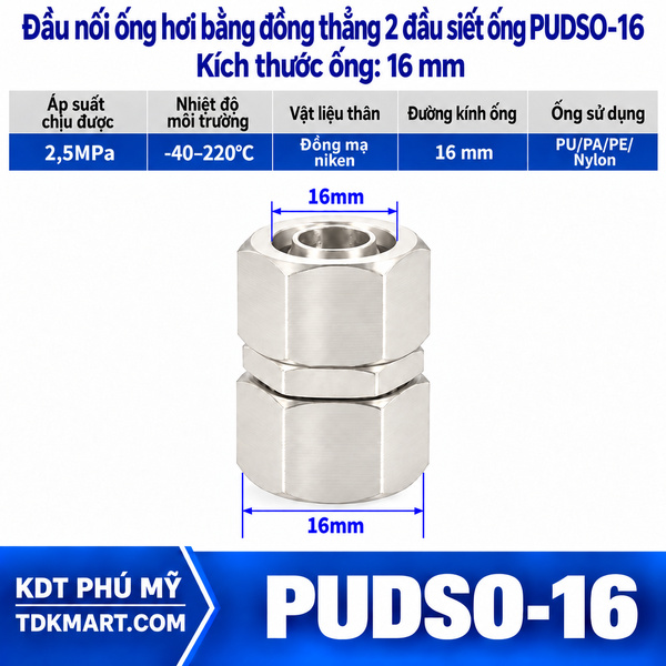 Đầu nối ống hơi thẳng bằng đồng 2 đầu siết ống 16 mm