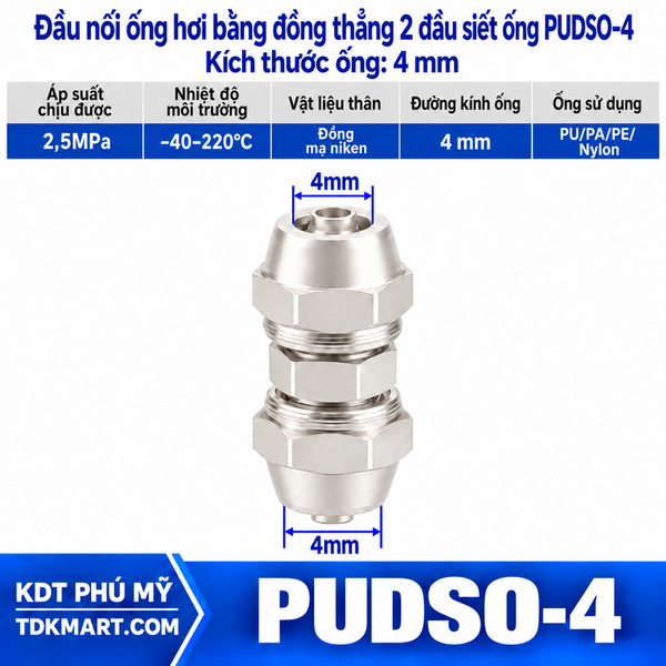 Đầu nối ống hơi thẳng bằng đồng 2 đầu siết ống 4 mm
