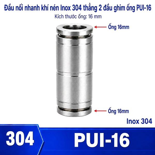 Đầu nối nhanh khí nén Inox 304 thẳng phi 16mm