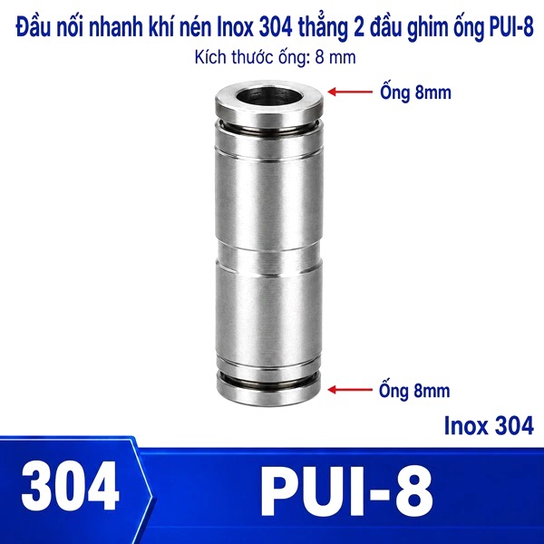 Đầu nối nhanh khí nén Inox 304 thẳng phi 8mm