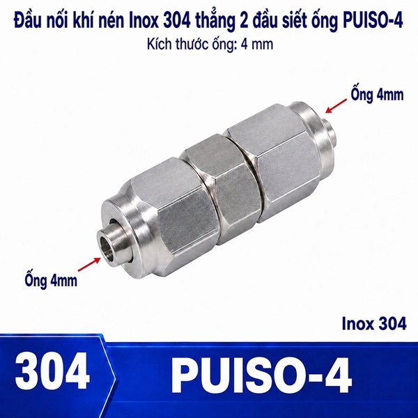 Đầu nối Inox 304 có  2 đầu siết ống 4