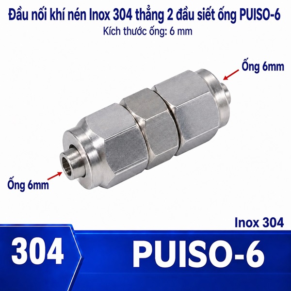 Đầu nối Inox 304 có  2 đầu siết ống 6