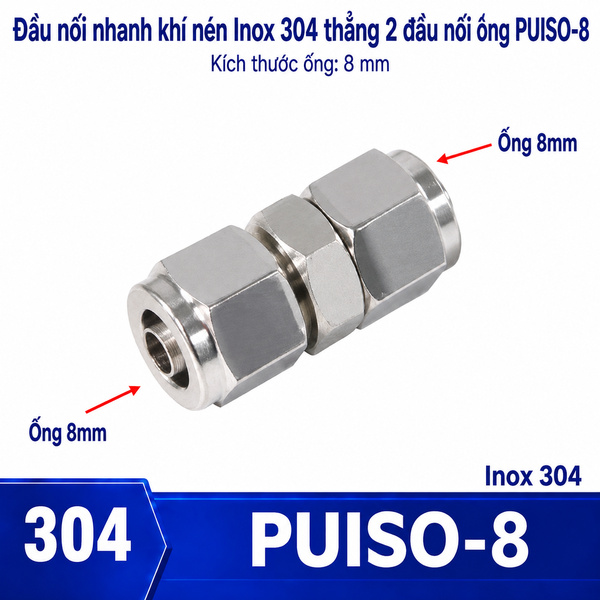 Đầu nối Inox 304 có  2 đầu siết ống 8
