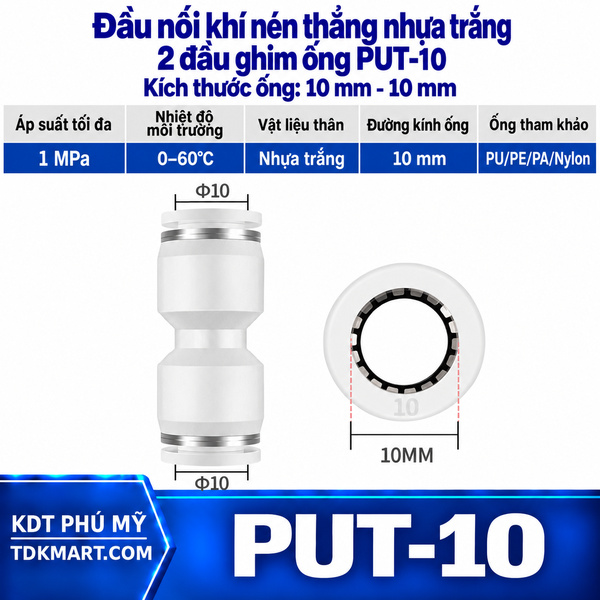 Đầu nối khí nén thẳng nhựa trắng 2 đầu ghim ống 10 mm