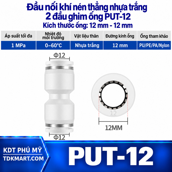 Đầu nối khí nén thẳng nhựa trắng 2 đầu ghim ống 12 mm