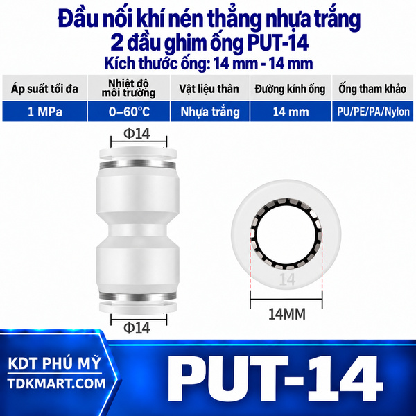 Đầu nối khí nén thẳng nhựa trắng 2 đầu ghim ống 14 mm