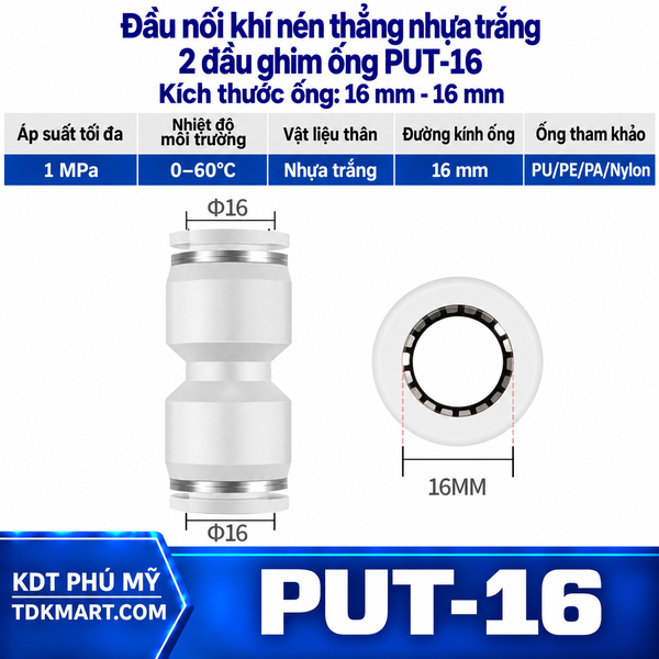 Đầu nối khí nén thẳng nhựa trắng 2 đầu ghim ống 16 mm