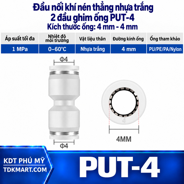 Đầu nối khí nén thẳng nhựa trắng 2 đầu ghim ống 4 mm