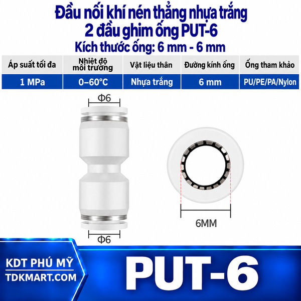 Đầu nối khí nén thẳng nhựa trắng 2 đầu ghim ống 6 mm