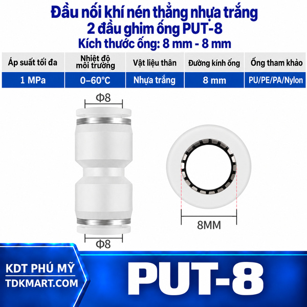 Đầu nối khí nén thẳng nhựa trắng 2 đầu ghim ống 8 mm