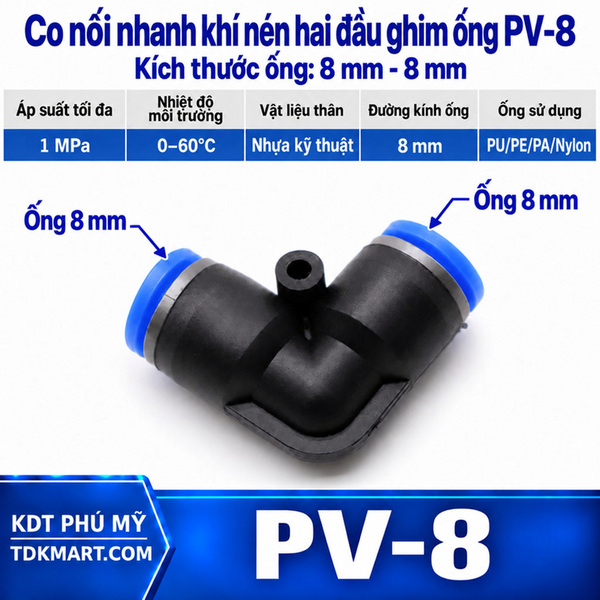 Co nối nhanh khí nén 2 đầu ghim ống phi 8 mm