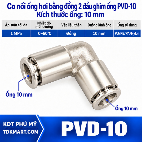 Co nối ống hơi bằng đồng 2 đầu ghim ống 10 mm