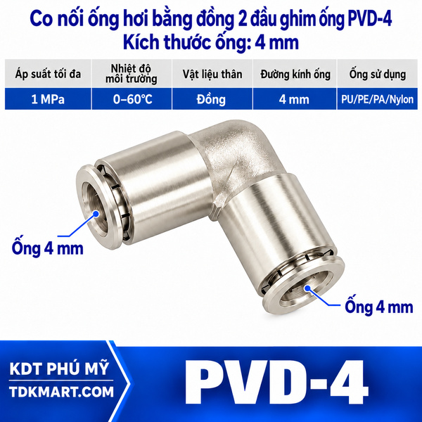 Co nối ống hơi bằng đồng 2 đầu ghim ống 4 mm