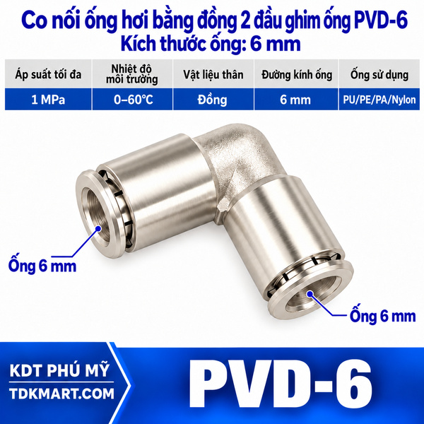 Co nối ống hơi bằng đồng 2 đầu ghim ống 6 mm