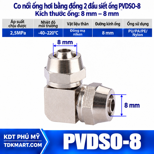 Co nối ống hơi bằng đồng 2 đầu siết ống 8 mm