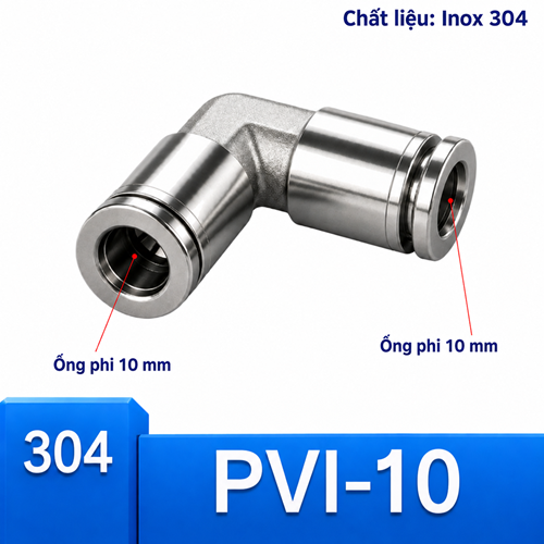 Co nối nhanh khí nén Inox 304 2 đầu ghim ống 10 mm
