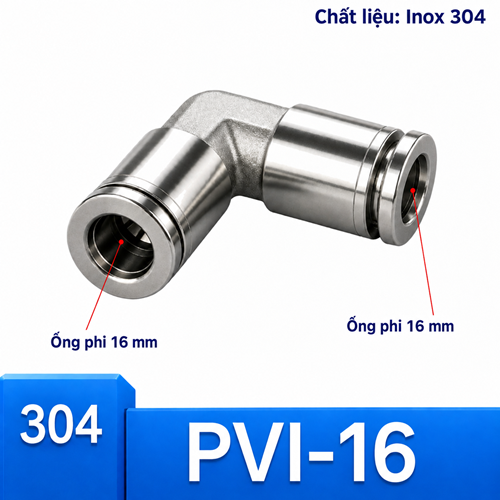 Co nối nhanh khí nén Inox 304 2 đầu ghim ống 16 mm