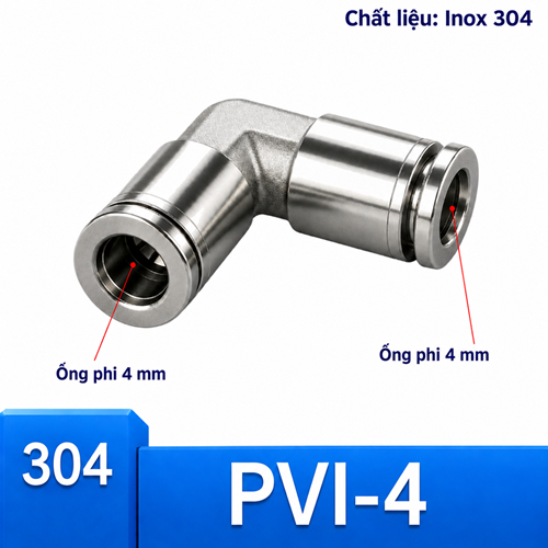 Co nối nhanh khí nén Inox 304 2 đầu ghim ống 4 mm