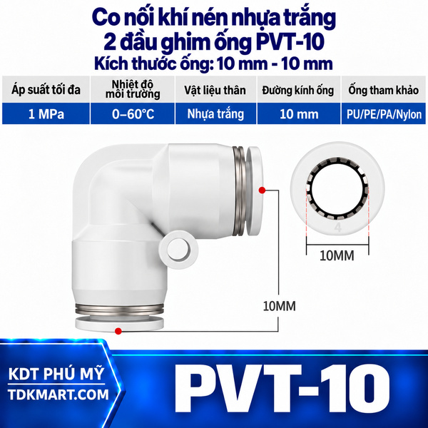 Co nối khí nén nhựa trắng 2 đầu ghim ống 10 mm