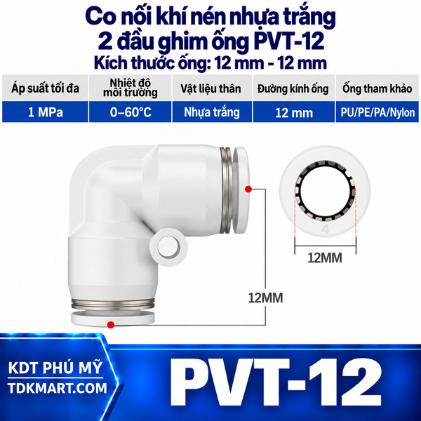 Co nối khí nén nhựa trắng 2 đầu ghim ống 12 mm
