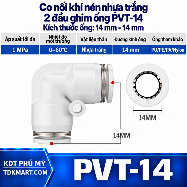 Co nối khí nén nhựa trắng 2 đầu ghim ống 14 mm