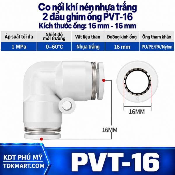 Co nối khí nén nhựa trắng 2 đầu ghim ống 16 mm
