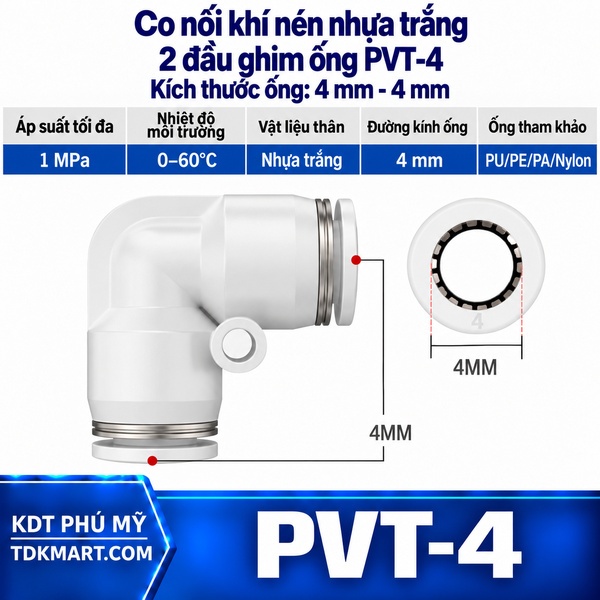 Co nối khí nén nhựa trắng 2 đầu ghim ống 4 mm
