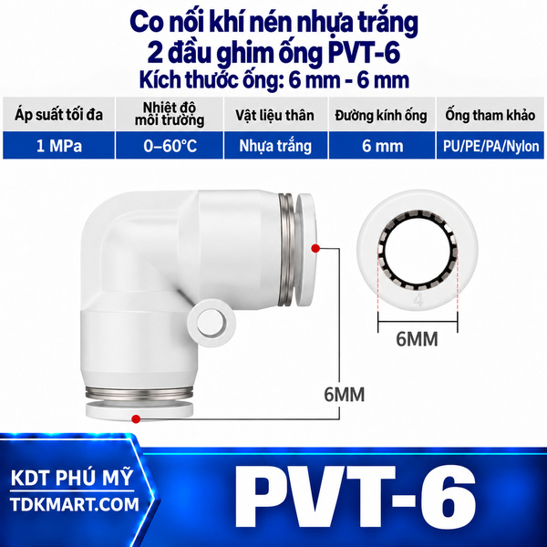 Co nối khí nén nhựa trắng 2 đầu ghim ống 6 mm
