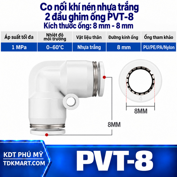 Co nối khí nén nhựa trắng 2 đầu ghim ống 8 mm