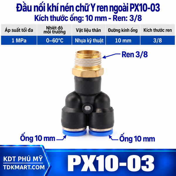 Đầu nối khí nén chữ Y ống 10- Ren ngoài 3/8