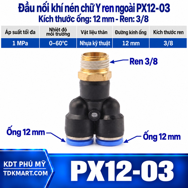 Đầu nối khí nén chữ Y ống 12- Ren ngoài 3/8