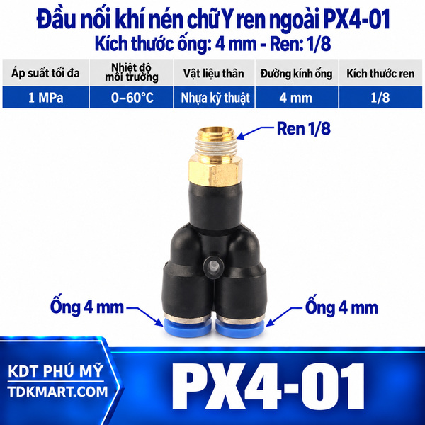 Đầu nối khí nén chữ Y ống 4- Ren ngoài 1/8