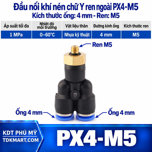 Đầu nối khí nén chữ Y ống 4- Ren ngoài M5