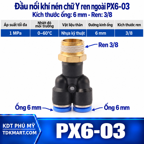 Đầu nối khí nén chữ Y ống 6- Ren ngoài 3/8