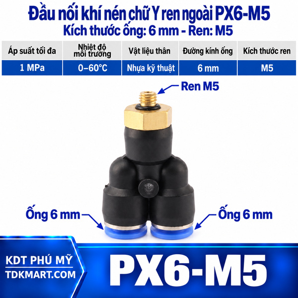 Đầu nối khí nén chữ Y ống 6- Ren ngoài M5