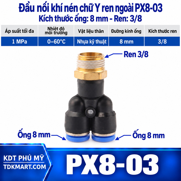 Đầu nối khí nén chữ Y ống 8- Ren ngoài 3/8