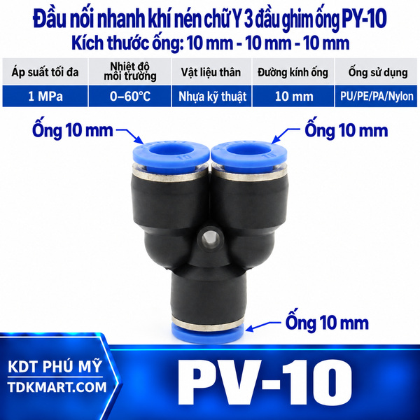 Đầu nối khí nén chữ Y 3 đầu ghim ống phi 10 mm
