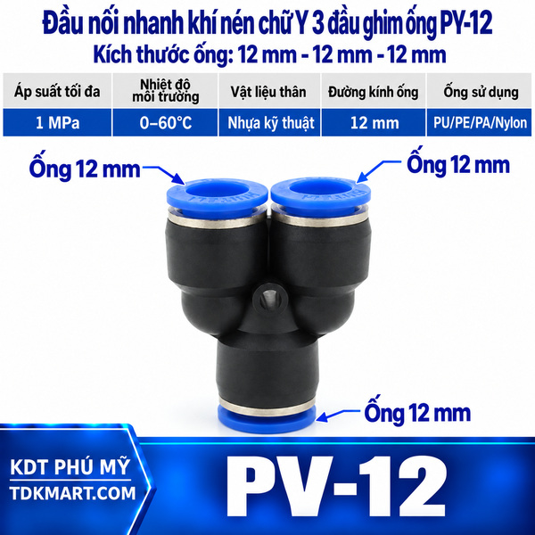 Đầu nối khí nén chữ Y 3 đầu ghim ống phi 12 mm