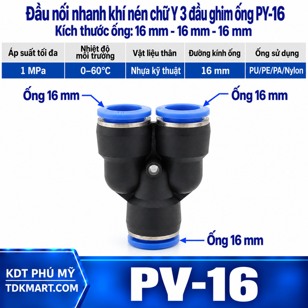 Đầu nối khí nén chữ Y 3 đầu ghim ống phi 16 mm