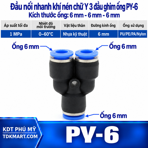 Đầu nối khí nén chữ Y 3 đầu ghim ống phi 6 mm