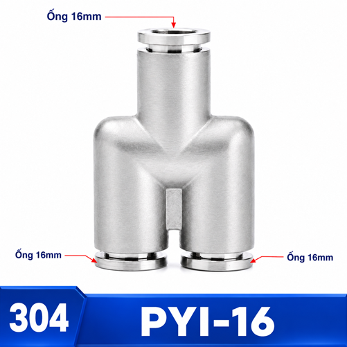 Đầu nối nhanh khí nén chữ Y Inox 304 3 đầu ghim ống 16 mm