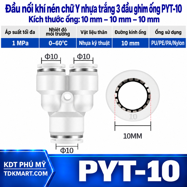 Đầu nối khí nén chữ Y nhựa trắng 3 đầu ghim ống 10 mm