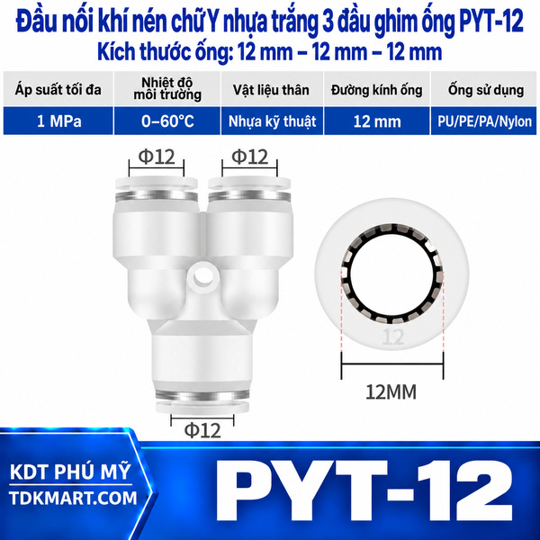 Đầu nối khí nén chữ Y nhựa trắng 3 đầu ghim ống 12 mm